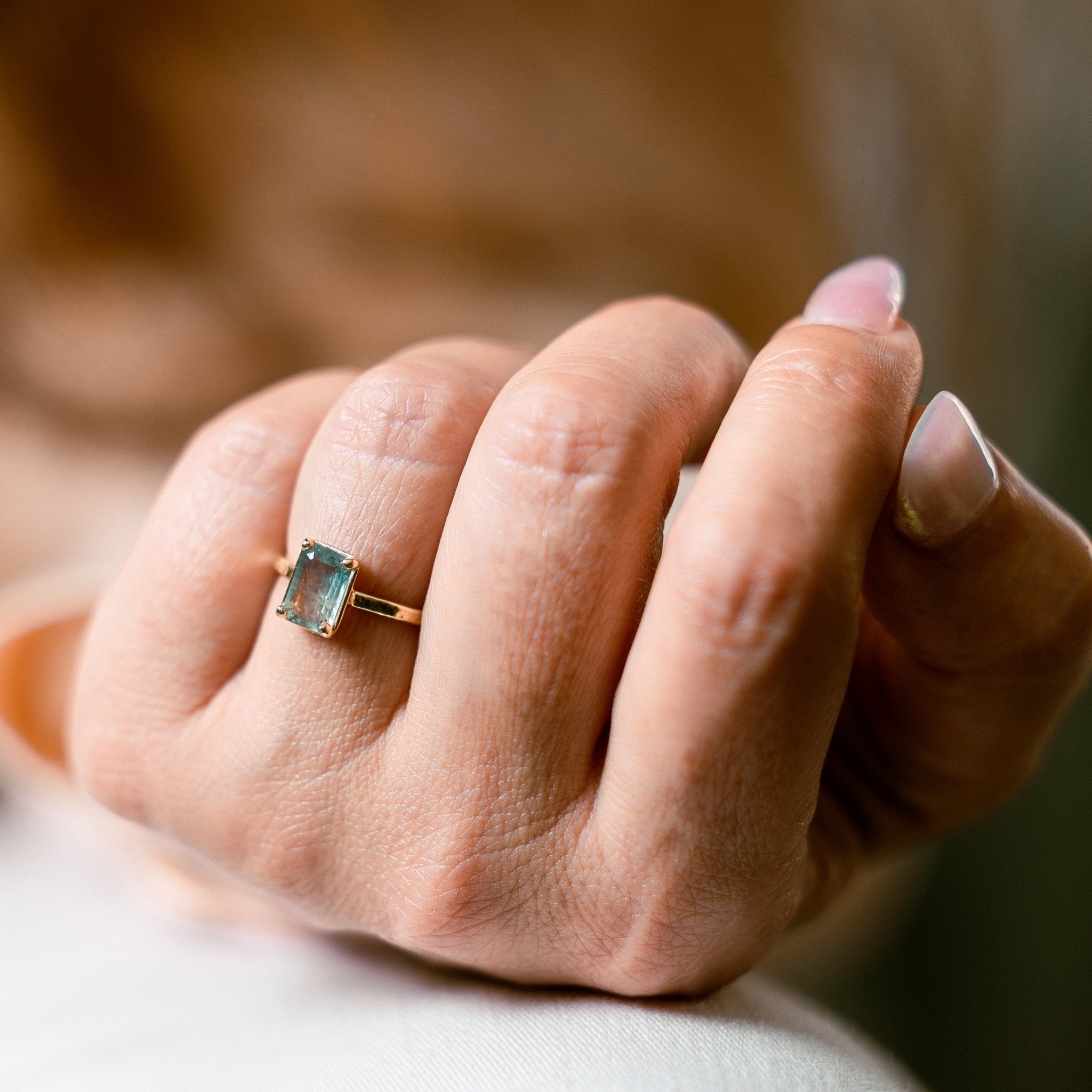 Baby Blue Sapphire Emerald Cut Engagement Ring with Hammered Band - MTD