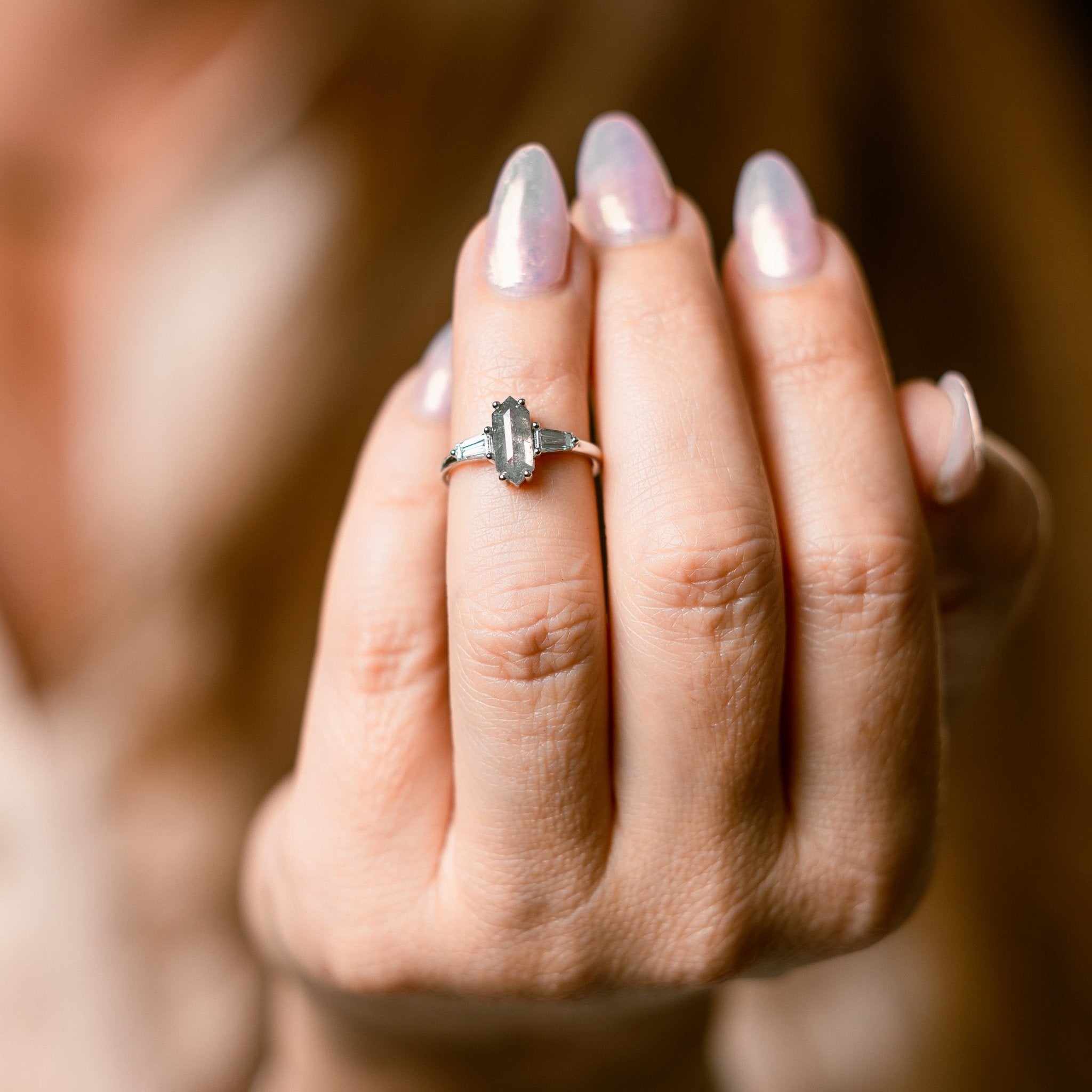 Mavis Elongate Hexagon Salt and Pepper Diamond with Baguettes Engagement Ring - MTD