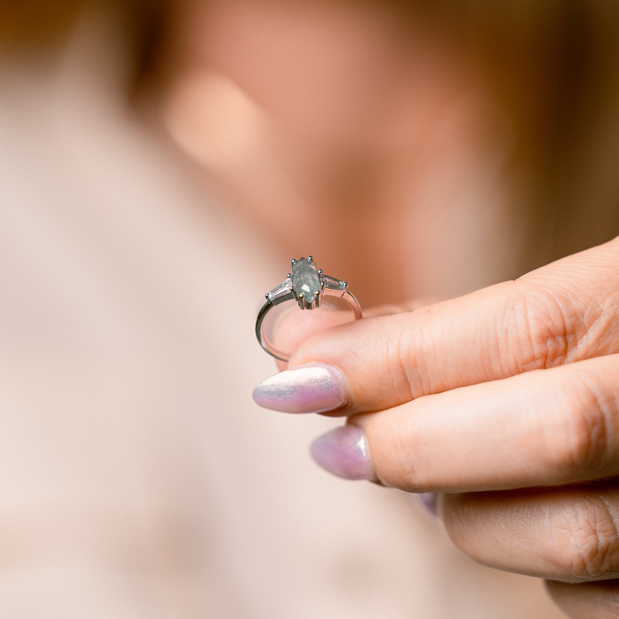 Mavis Elongate Hexagon Salt and Pepper Diamond with Baguettes Engagement Ring - MTD
