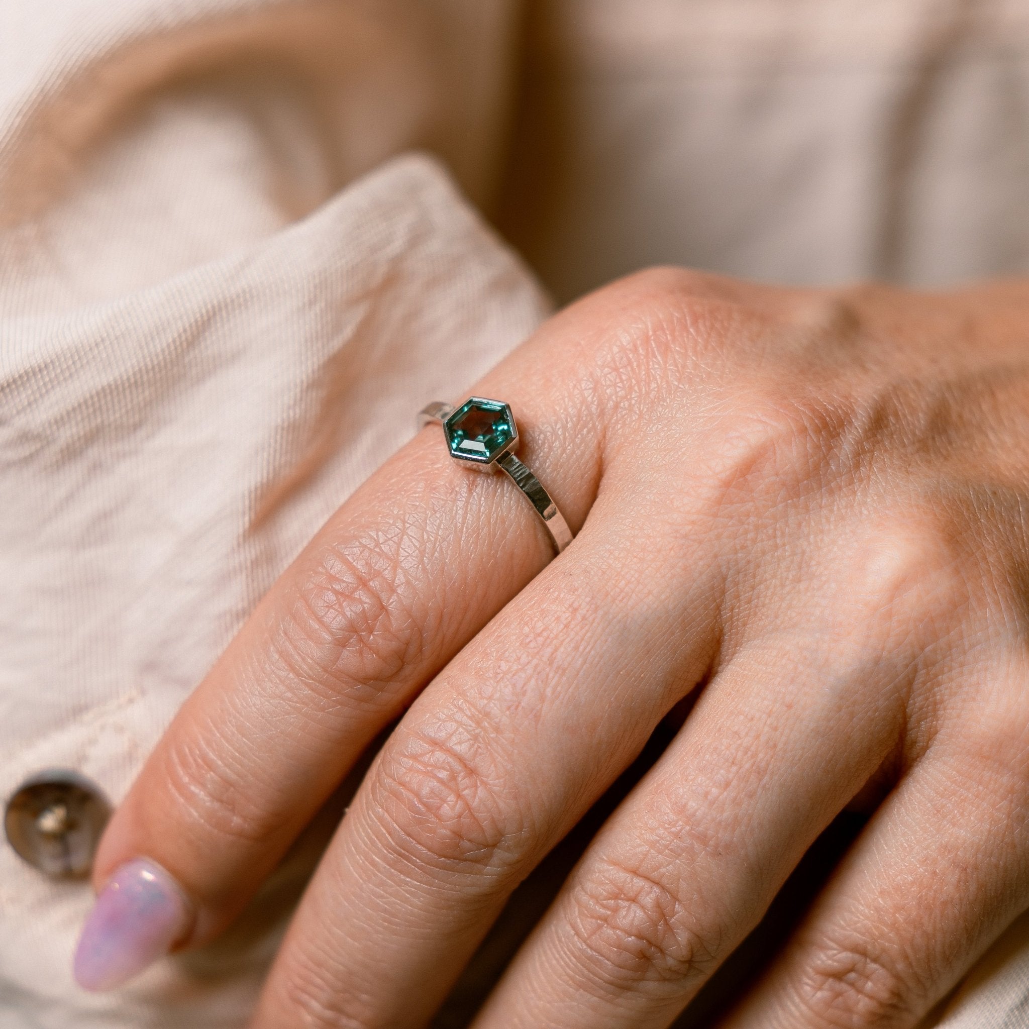 Teal Hexagon Sapphire Engagement Ring with Bezel Setting and Hammered Band - MTD