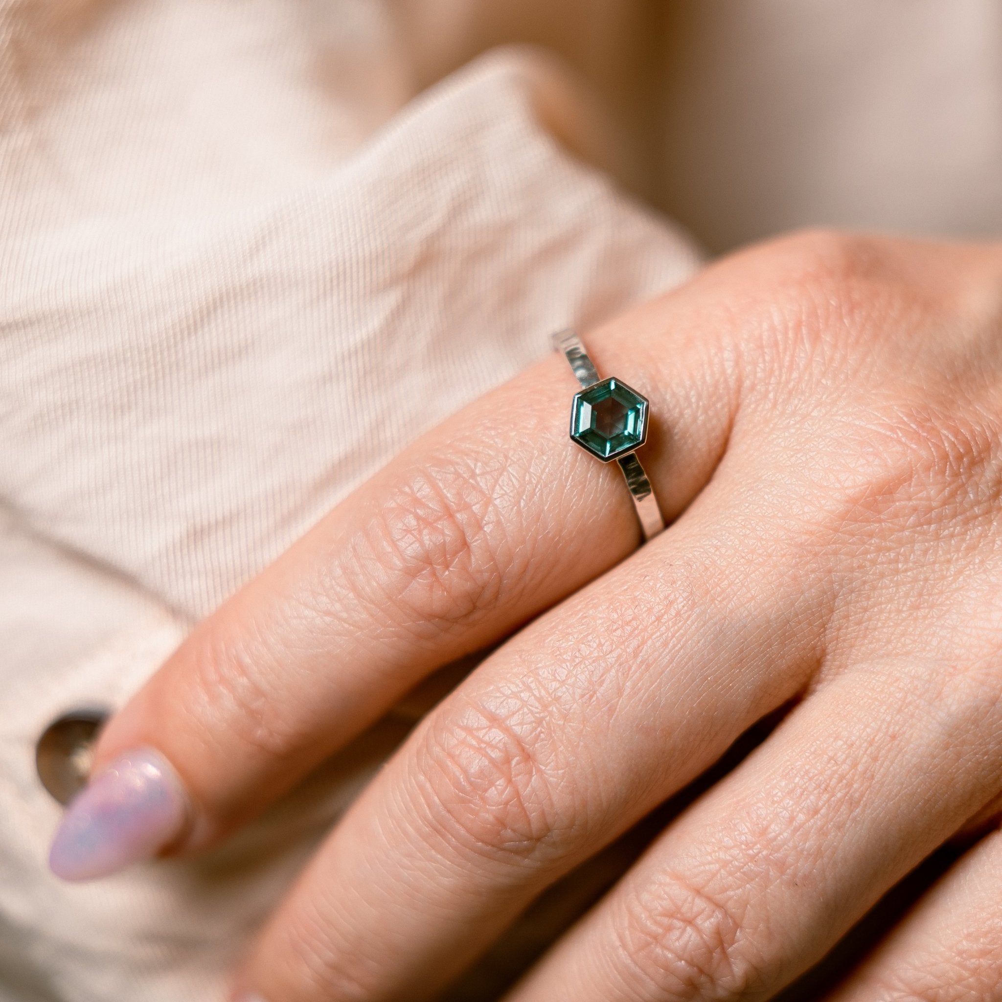 Teal Hexagon Sapphire Engagement Ring with Bezel Setting and Hammered Band - MTD