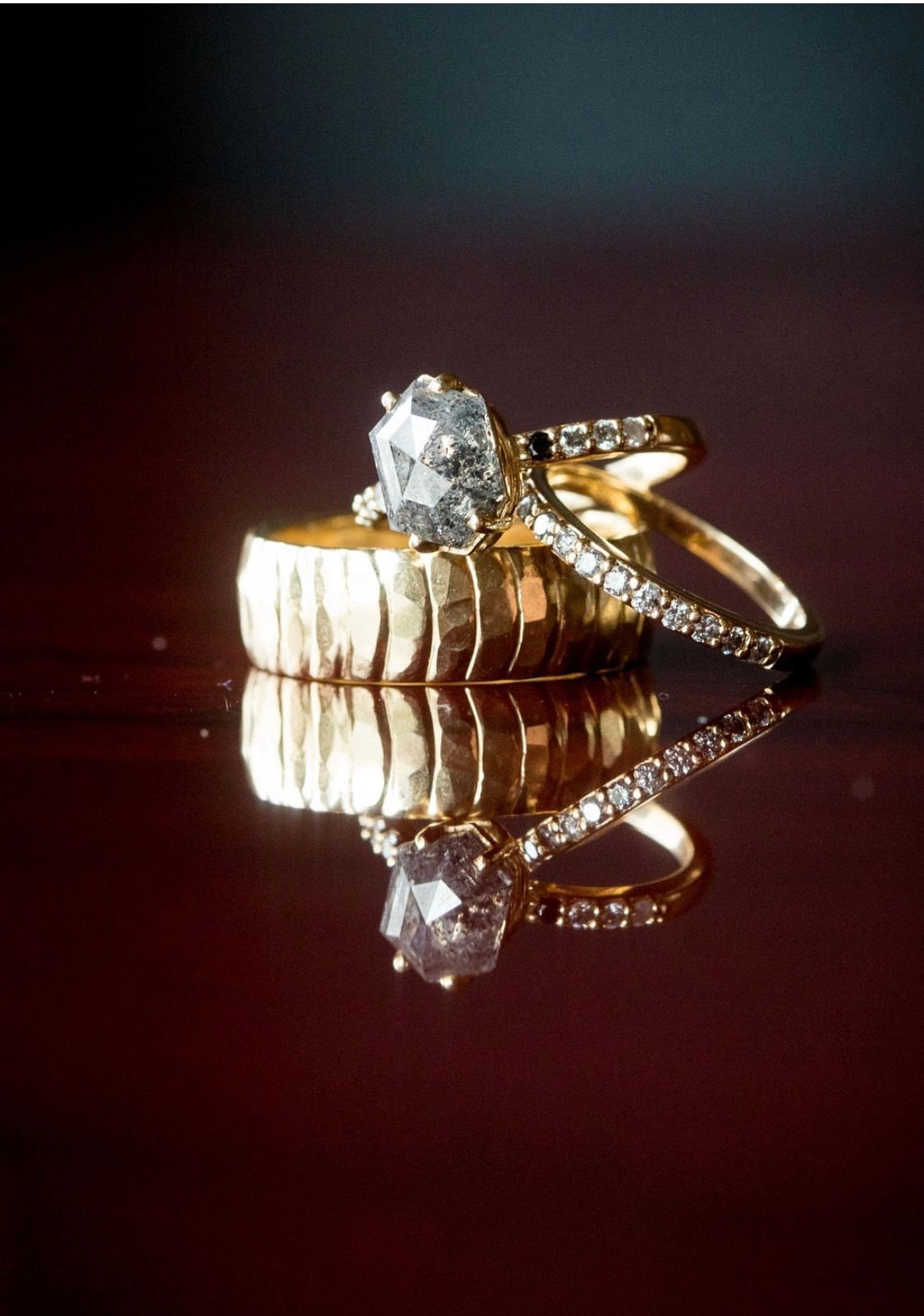 Grace | 3.05ct Elongated Hexagon Salt & Pepper Diamond Engagement Ring with Ombre Diamond Pave Band - MTD