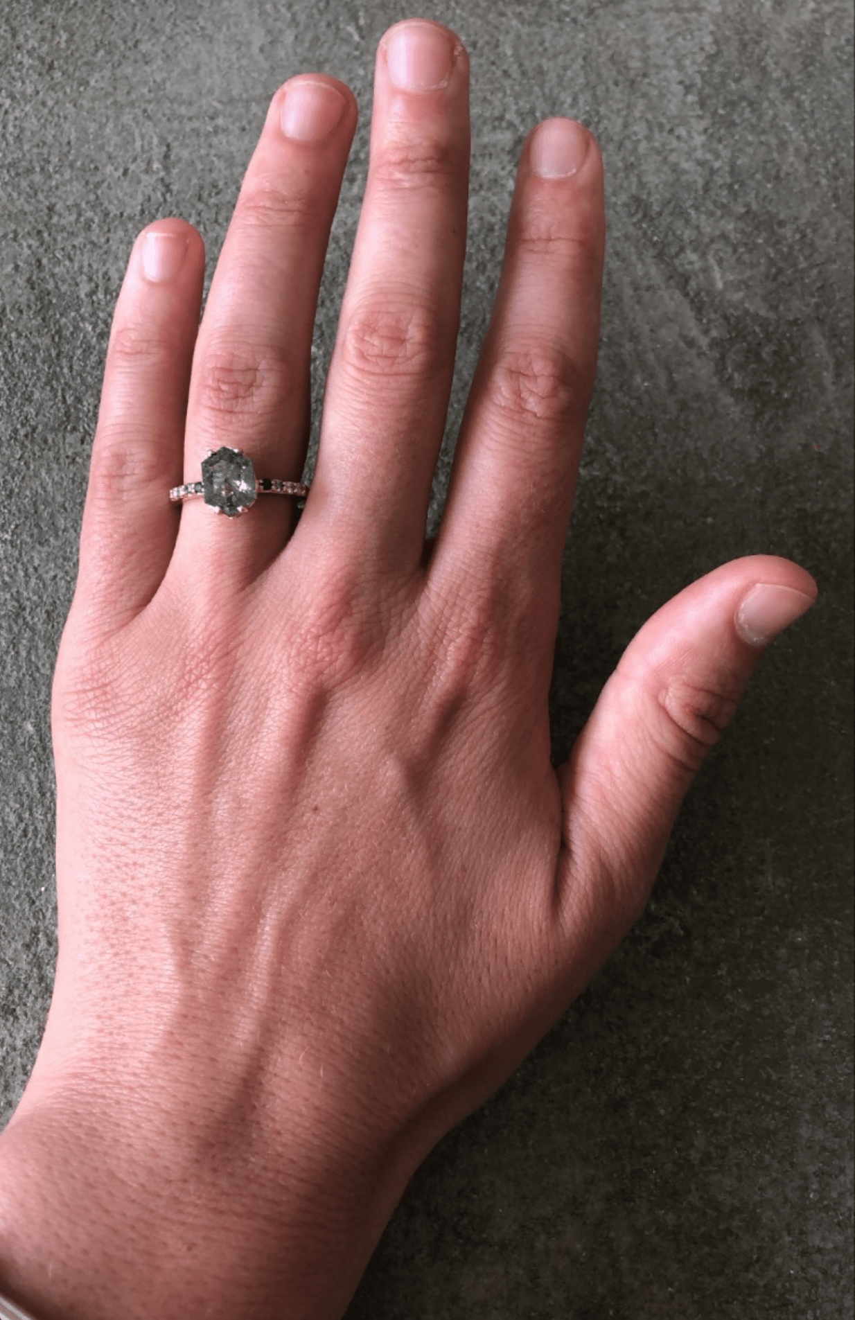 Grace | 3.05ct Elongated Hexagon Salt & Pepper Diamond Engagement Ring with Ombre Diamond Pave Band - MTD