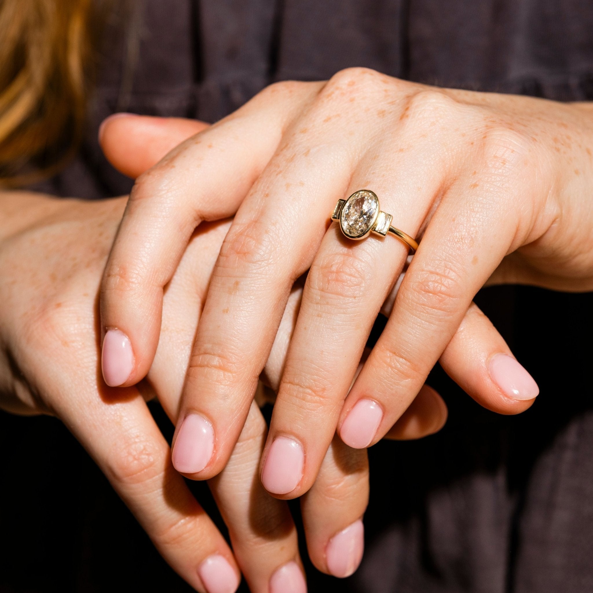 Estelle Three Stone Oval and Baguette Diamond Engagement Ring - MTD