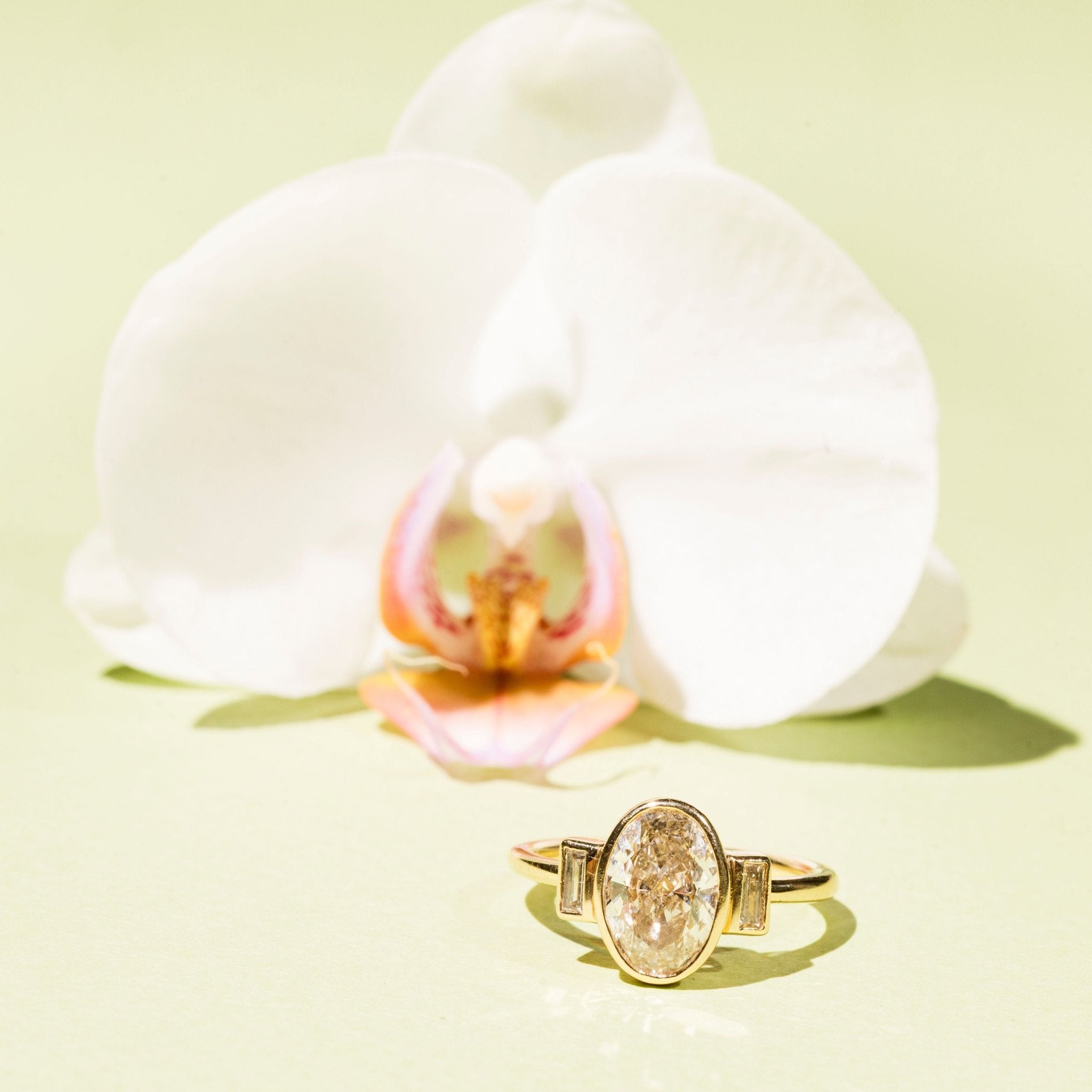 Estelle Three Stone Oval and Baguette Diamond Engagement Ring - MTD