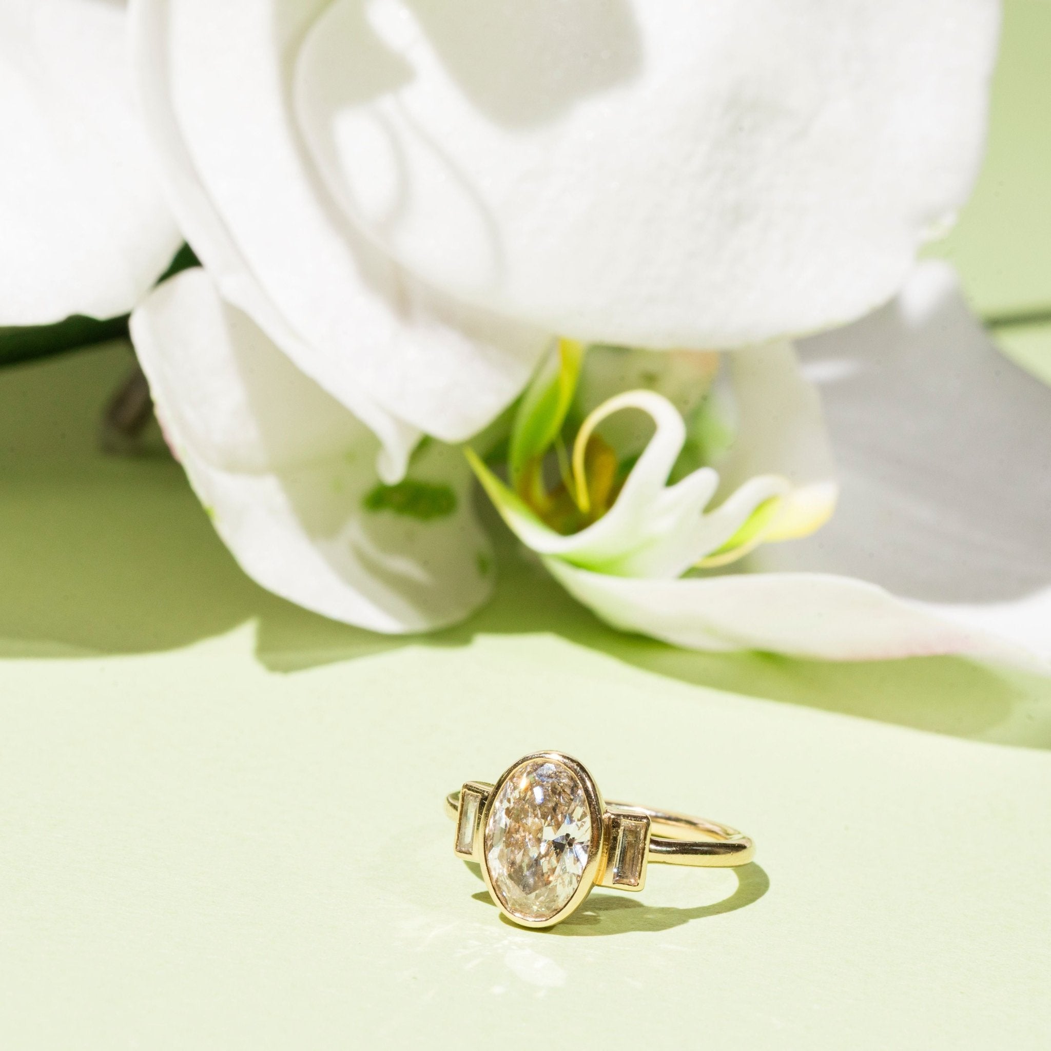 Estelle Three Stone Oval and Baguette Diamond Engagement Ring - MTD