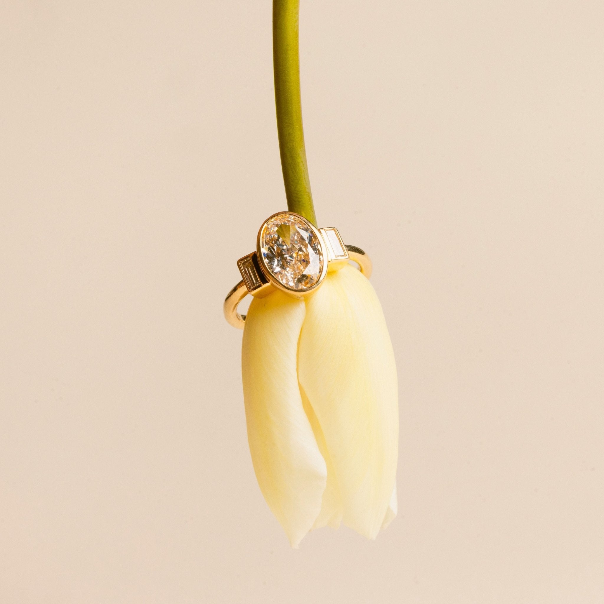 Estelle Three Stone Oval and Baguette Diamond Engagement Ring - MTD