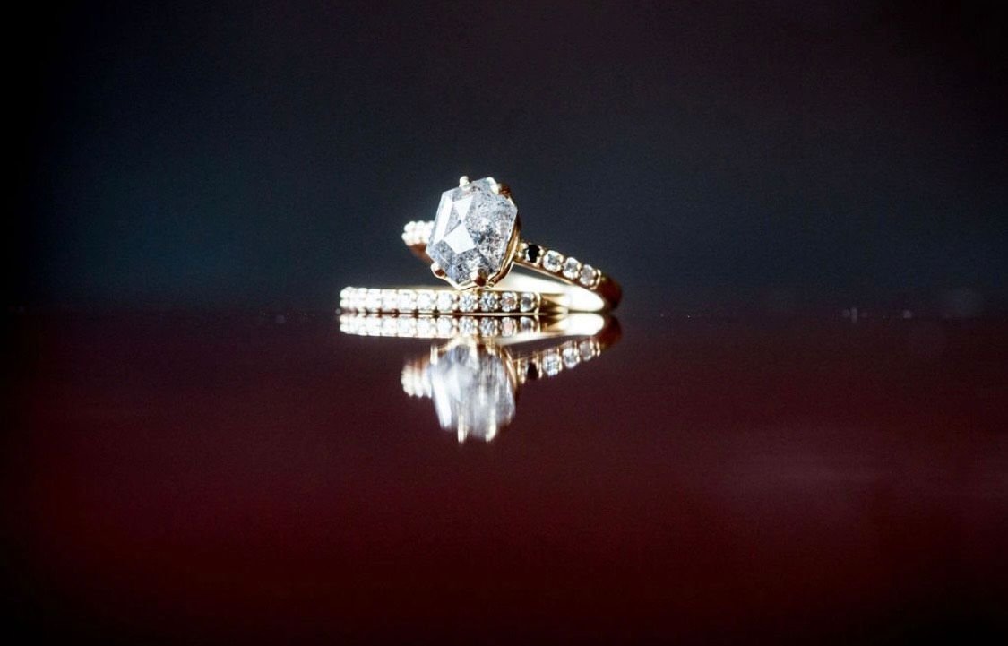 Grace | 3.05ct Elongated Hexagon Salt & Pepper Diamond Engagement Ring with Ombre Diamond Pave Band - MTD