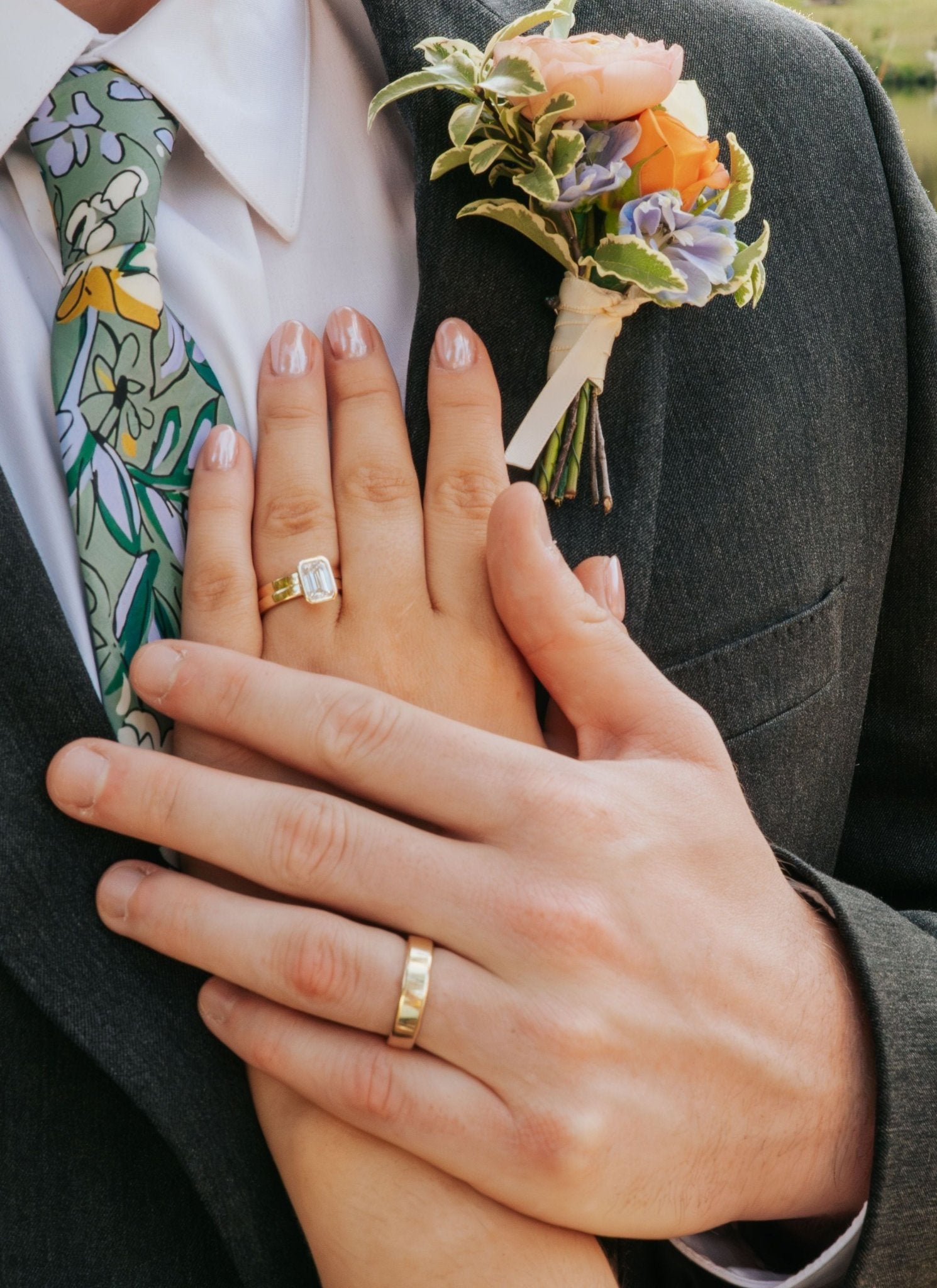 Sheba 2ct Emerald Cut Diamond Engagement Ring Bezel Setting on Wide Hammered Band - MTD