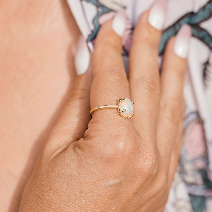 Opalescence Opal 2.5ct Oval Hammered Halo Gold Ring - MTD