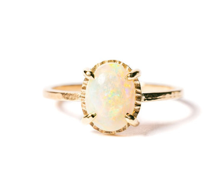 Opalescence Opal 2.5ct Oval Hammered Halo Gold Ring - MTD