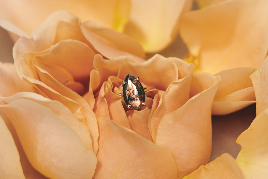 Luna | Salt & Pepper Pear Diamond Thin Delicate Recycled 14k Gold Band Engagement Ring - MTD