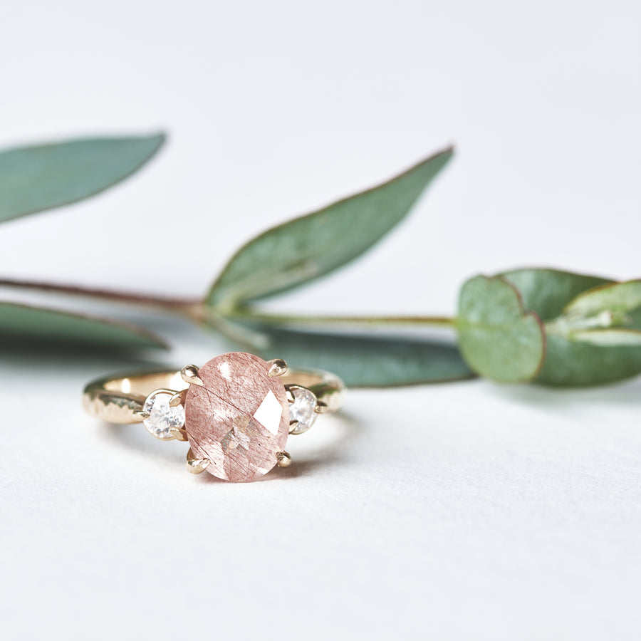 Peach Rutilated Quartz Three Stone with Diamonds 14k Recycled Gold Hammered Band - MTD