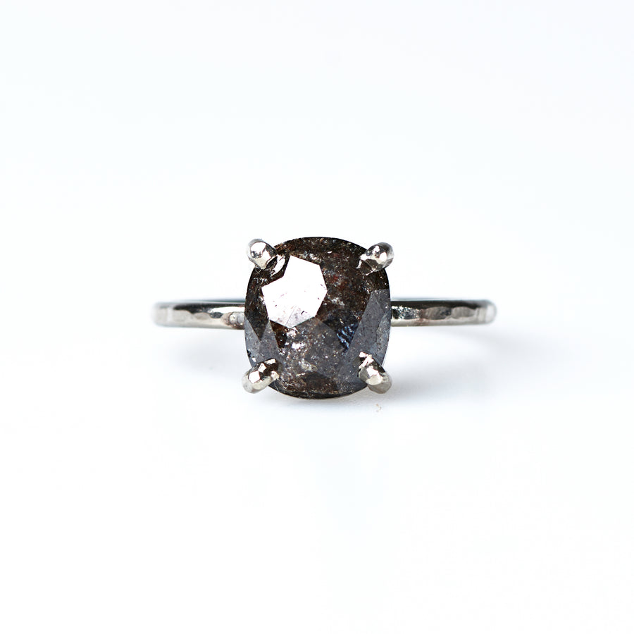 Aimee Salt and Pepper Cushion Cut Engagement Ring 14k Natural Hammered White Gold Aimee - MTD
