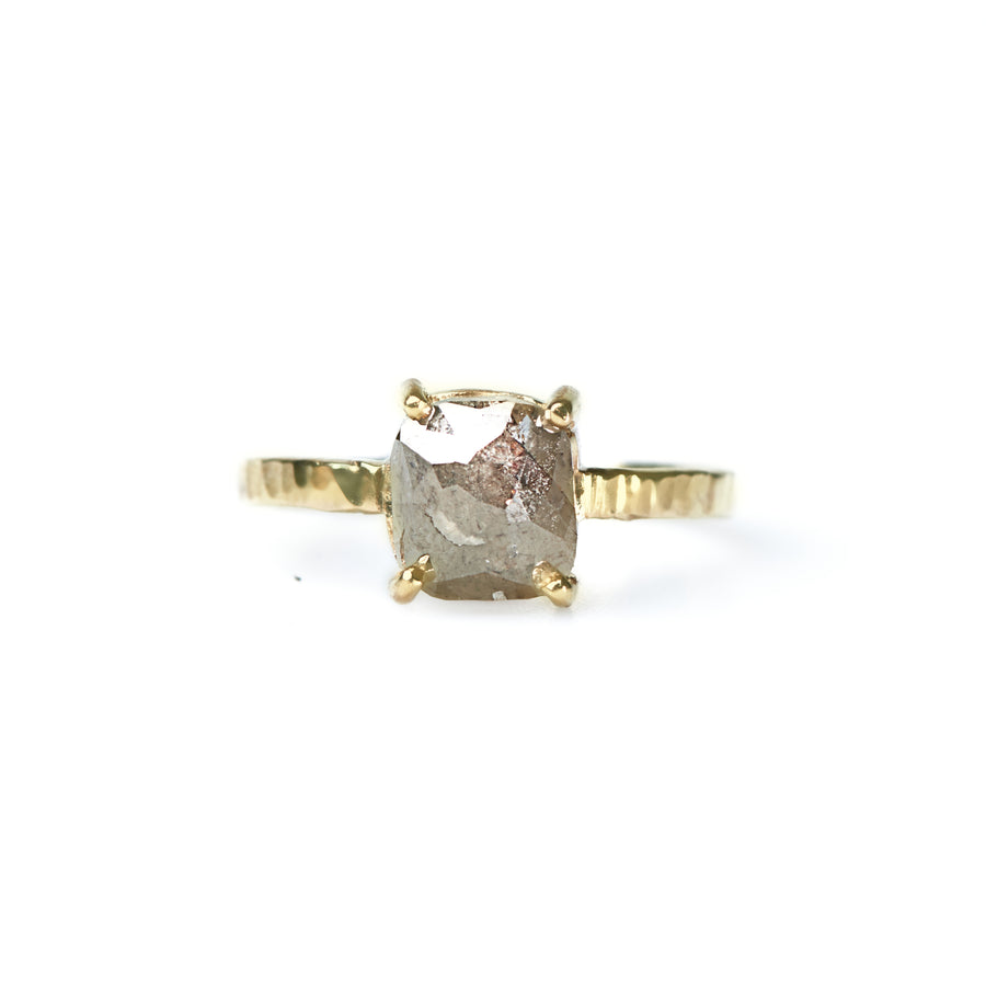 Josette Cushion Cut Gray Diamond Engagement Ring Hammered 14k Gold Band - MTD