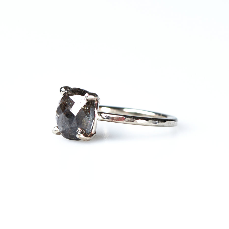 Aimee Salt and Pepper Cushion Cut Engagement Ring 14k Natural Hammered White Gold Aimee - MTD