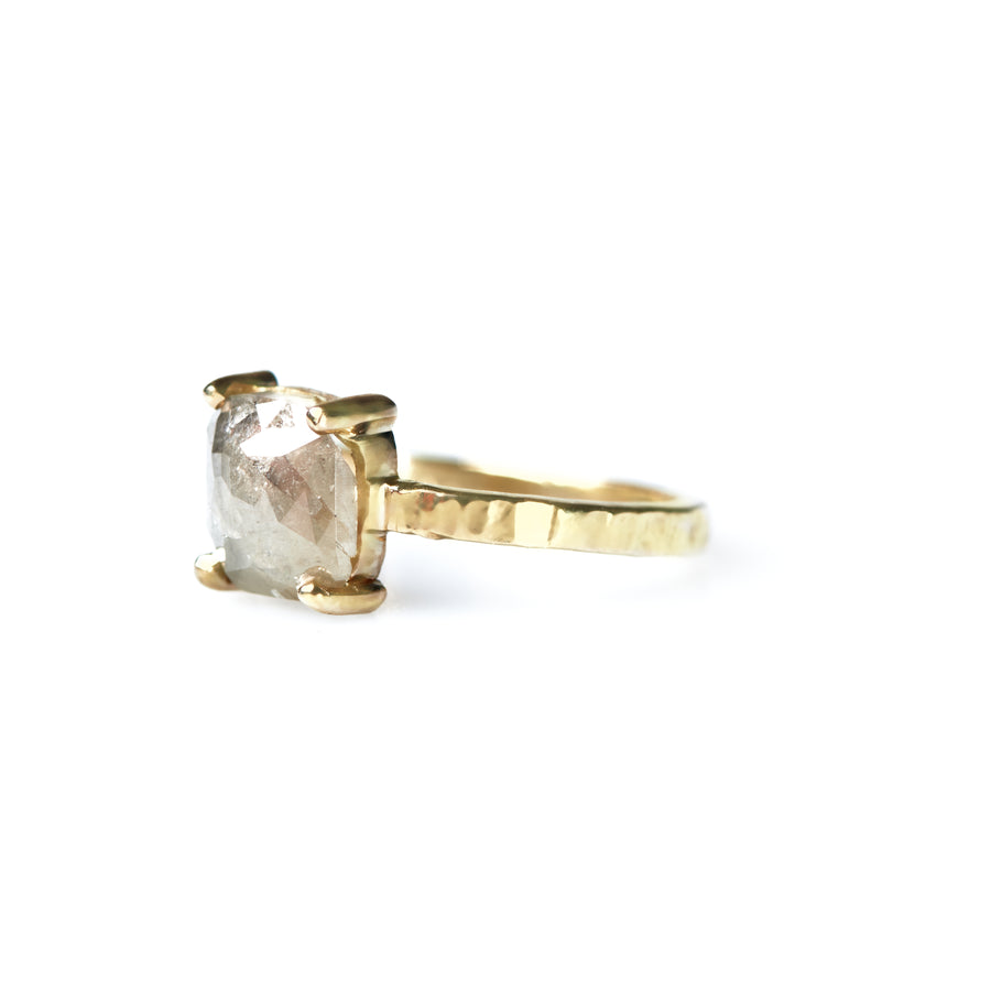 Josette Cushion Cut Gray Diamond Engagement Ring Hammered 14k Gold Band - MTD