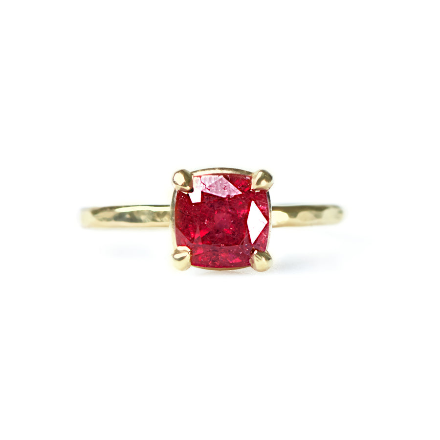 Ruby Cushion Cut Ruby Engagement Ring 14k Yellow Gold Hammered Band - MTD