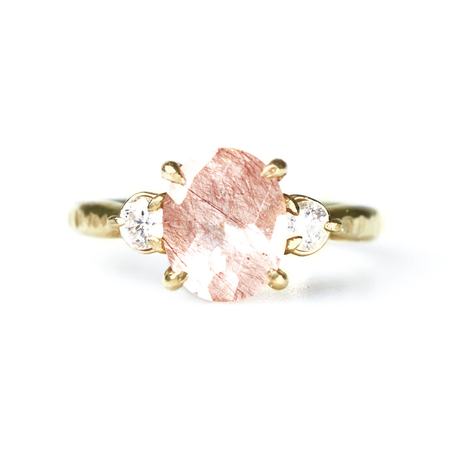 Peach Rutilated Quartz Three Stone with Diamonds 14k Recycled Gold Hammered Band - MTD