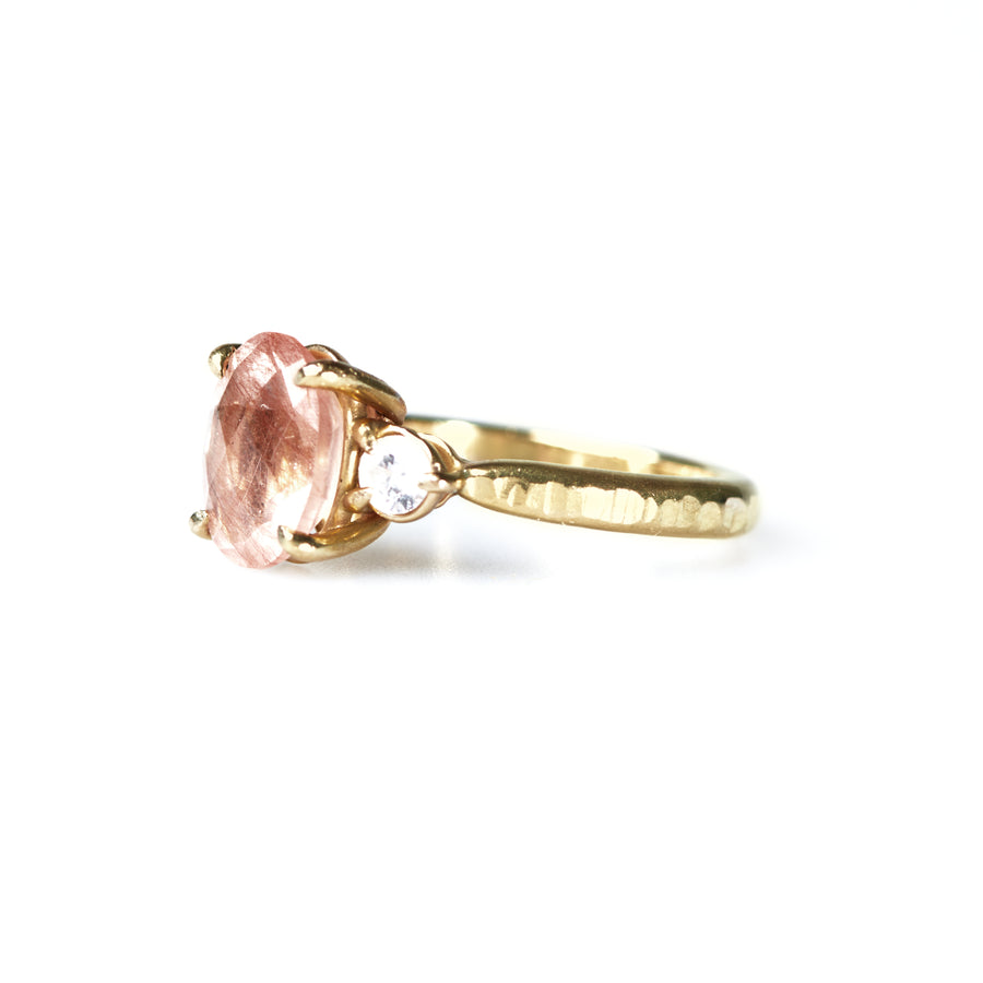Peach Rutilated Quartz Three Stone with Diamonds 14k Recycled Gold Hammered Band - MTD