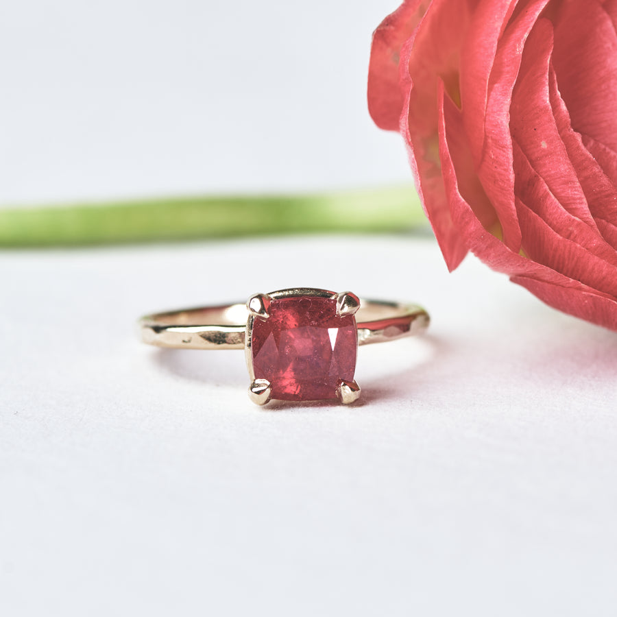 Ruby Cushion Cut Ruby Engagement Ring 14k Yellow Gold Hammered Band - MTD