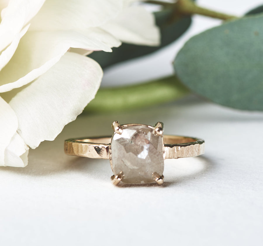 Josette Cushion Cut Gray Diamond Engagement Ring Hammered 14k Gold Band - MTD