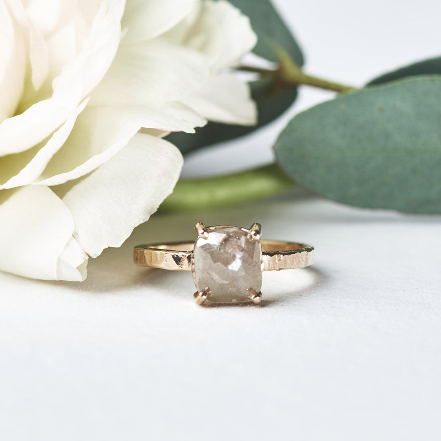 Josette Cushion Cut Gray Diamond Engagement Ring Hammered 14k Gold Band - MTD