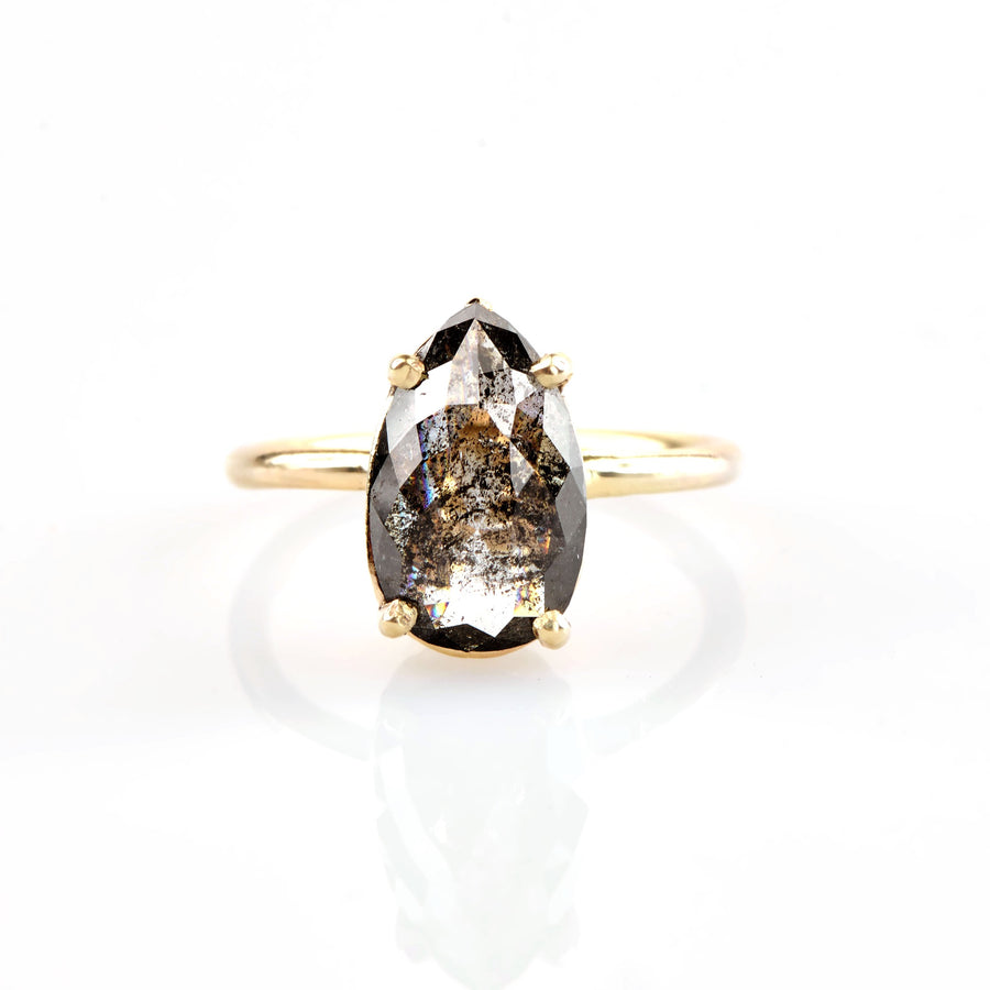 Luna | Salt & Pepper Pear Diamond Thin Delicate Recycled 14k Gold Band Engagement Ring - MTD