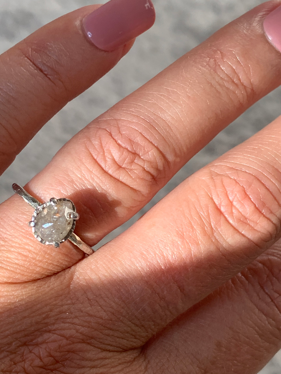 Morning Dew | Salt and Pepper Pear Engagement Ring Hammered Halo 14k White Gold - MTD