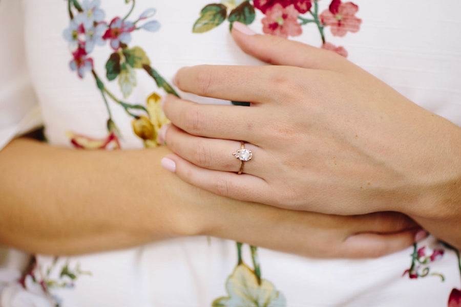 Cleopatra | Pear Diamond 14k Rose Gold Hammered Halo Engagement Ring - Melissa Tyson Designs