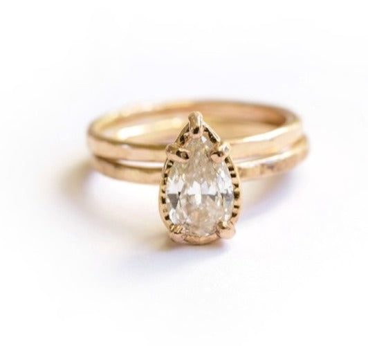 Cleopatra | Pear Diamond Engagement Ring Set  14k Rose Gold Hammered Halo - Melissa Tyson Designs