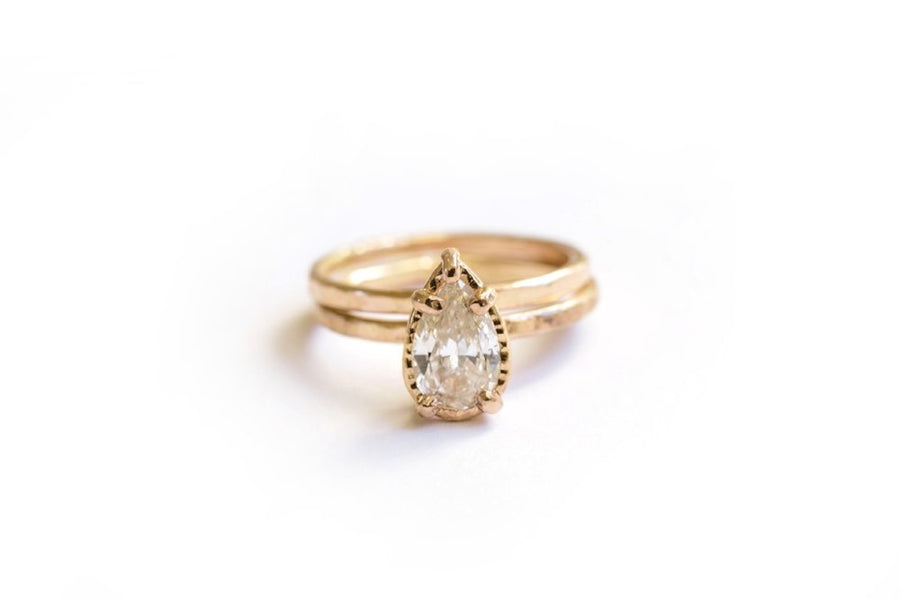 Cleopatra | Pear Diamond Engagement Ring Set  14k Rose Gold Hammered Halo - Melissa Tyson Designs