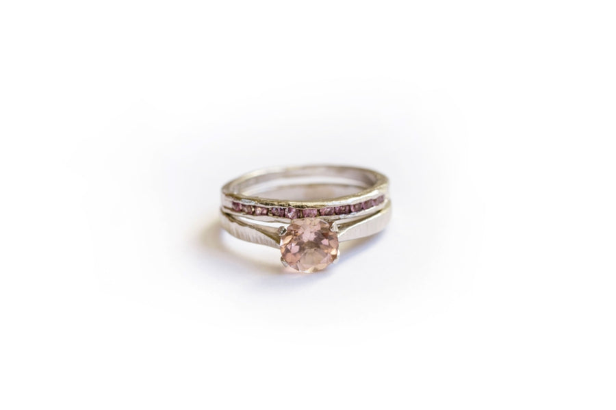 Begonia | Morganite Engagement Ring Set Hammered Platinum - Melissa Tyson Designs
