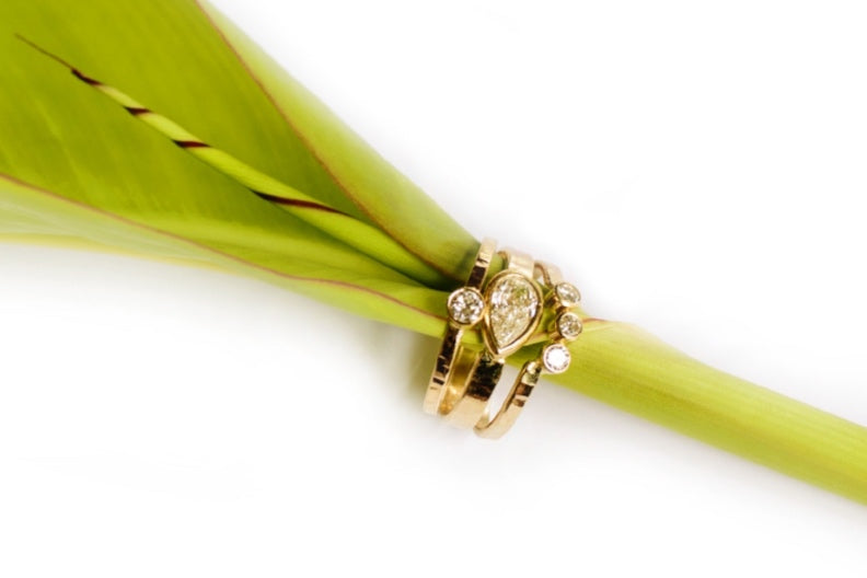 Flitilary 3 Ring Set | Pear Diamond Hammered 14k Gold Stacking Engagement Ring Set - Melissa Tyson Designs