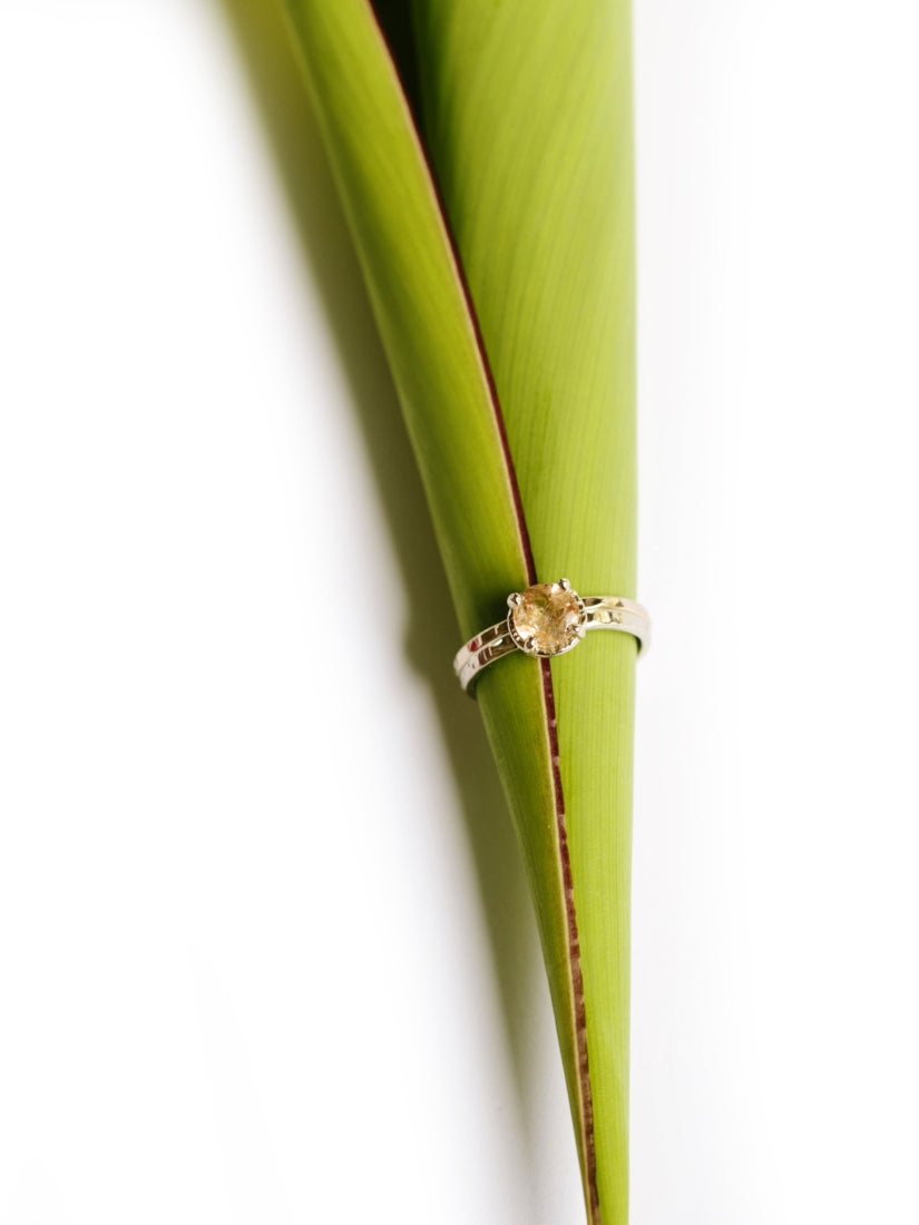 Wispering | Rutilated Quartz Engagement Ring Set 14k White Gold Hammered Halo - Melissa Tyson Designs