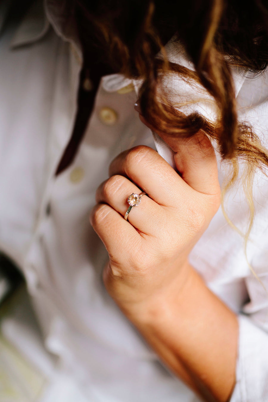 Whispering | Rutilated Quartz 14k White Gold Hammered Engagement Ring - Melissa Tyson Designs