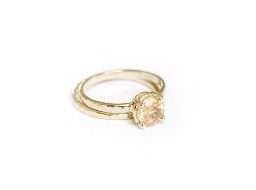 Wispering | Rutilated Quartz Engagement Ring Set 14k White Gold Hammered Halo - Melissa Tyson Designs
