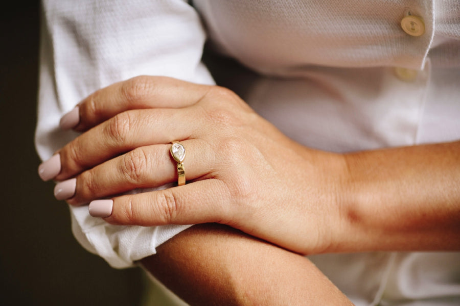 Flitiary | Pear Diamond Rustic Hammered 14k Gold Engagement Ring - Melissa Tyson Designs