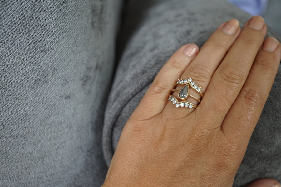 Amira | Gray Pear Diamond & White Diamond Stacking Engagement Ring Set - Melissa Tyson Designs