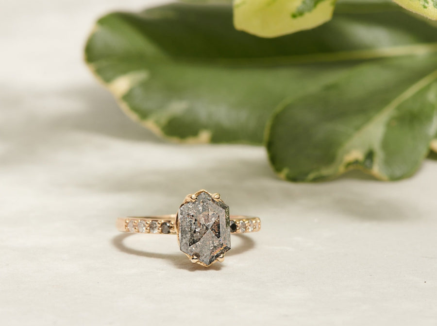 Grace | 3.05ct Elongated Hexagon Salt & Pepper Diamond Engagement Ring with Ombre Diamond Pave Band - MTD