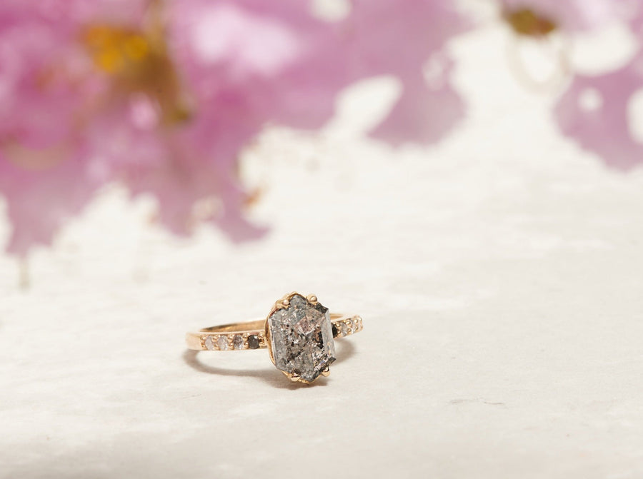 Grace | 3.05ct Elongated Hexagon Salt & Pepper Diamond Engagement Ring with Ombre Diamond Pave Band - MTD