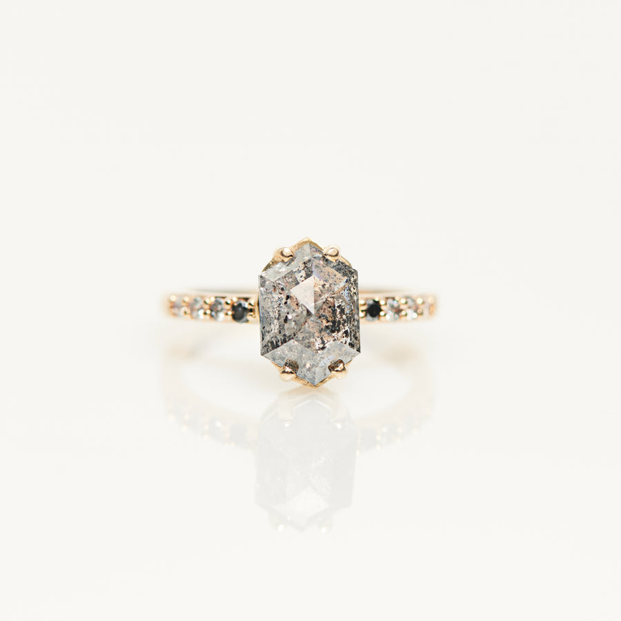 Grace | 3.05ct Elongated Hexagon Salt & Pepper Diamond Engagement Ring with Ombre Diamond Pave Band - MTD