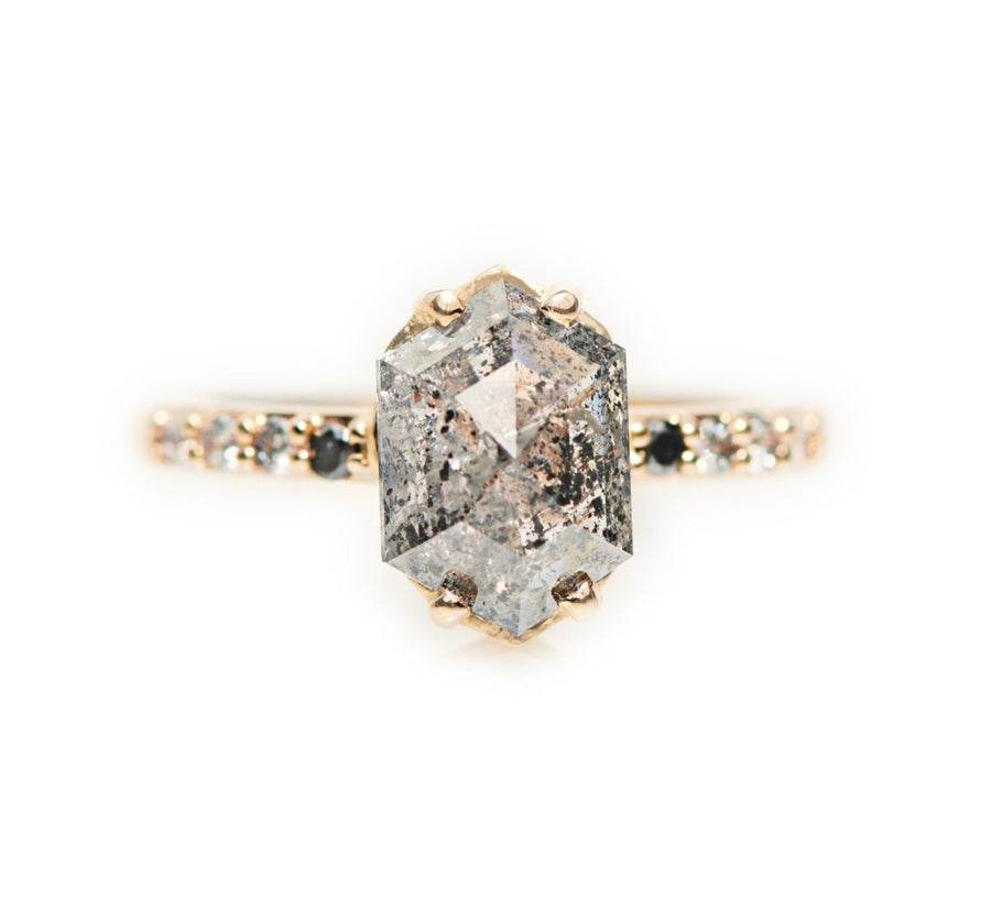 Grace | 3.05ct Elongated Hexagon Salt & Pepper Diamond Engagement Ring with Ombre Diamond Pave Band - MTD