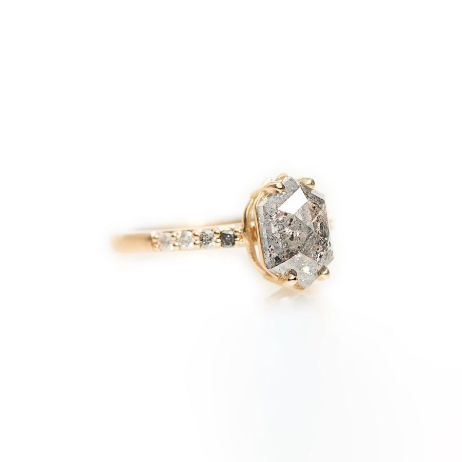 Grace | 3.05ct Elongated Hexagon Salt & Pepper Diamond Engagement Ring with Ombre Diamond Pave Band - MTD