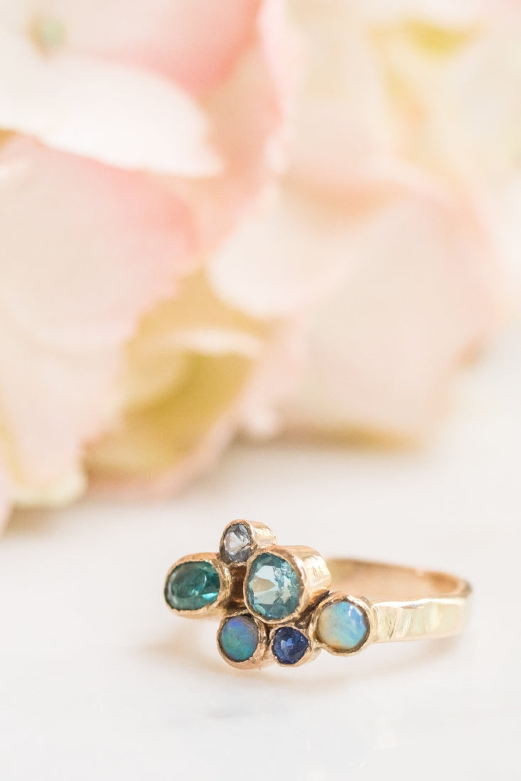 Oceans | Blue Cluster Engagement Ring 14k Hammered Gold - Melissa Tyson Designs