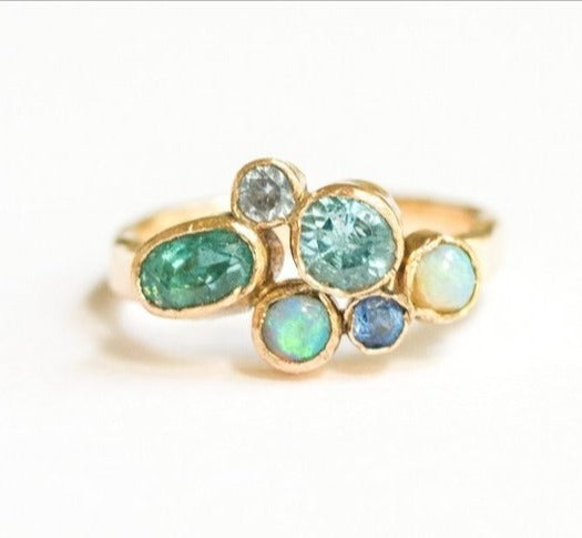 Oceans | Blue Cluster Engagement Ring 14k Hammered Gold - Melissa Tyson Designs