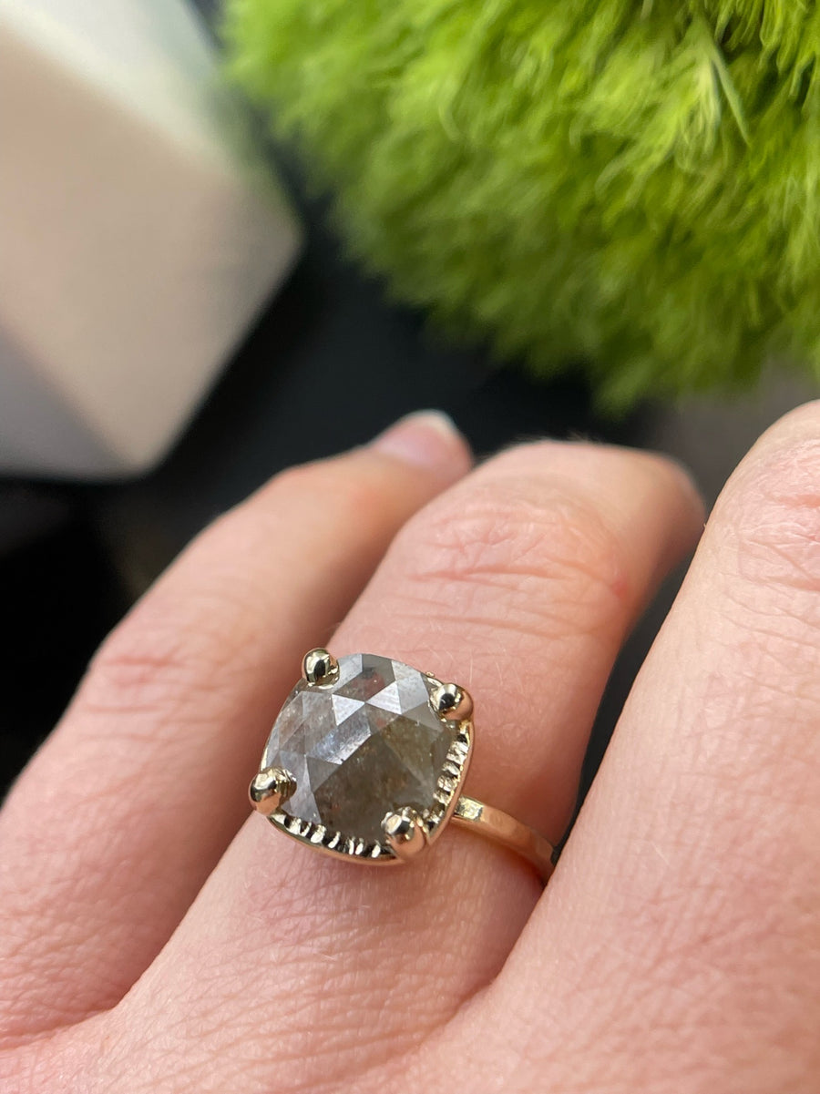 Clara | 2.5ct Salt and Pepper Diamond Cushion Rose Cut 14k Yellow Gold Engagement Ring - MTD