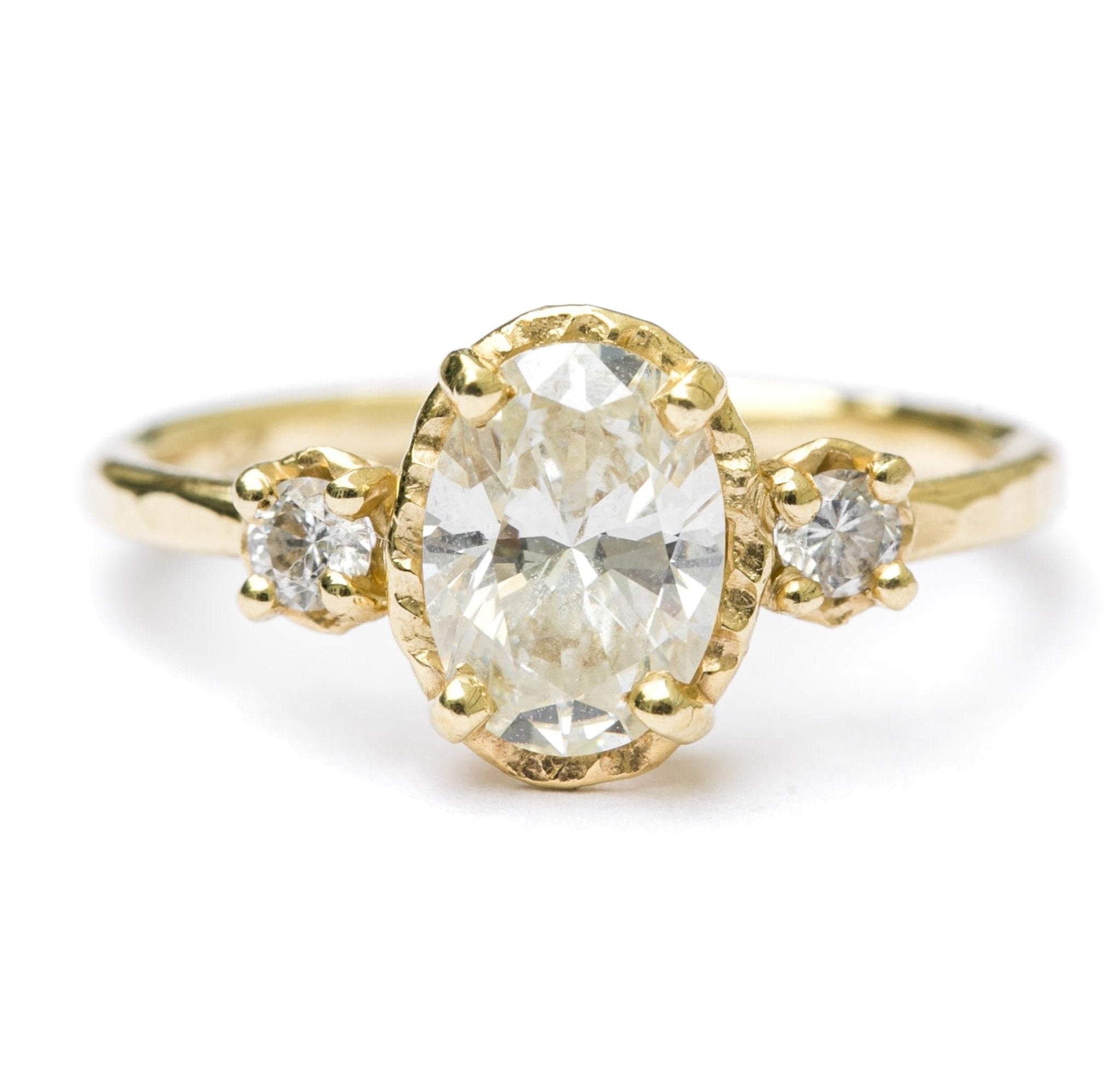 Coco In Diamonds Oval 3 Stone Engagement Ring Hammered Halo - MTD