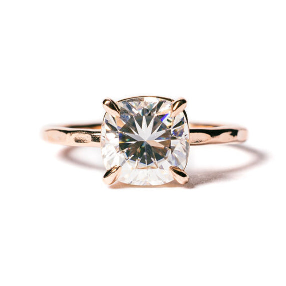 Eva | Cushion Cut Moissanite Engagement Ring Hammered 14k Gold Band - MTD