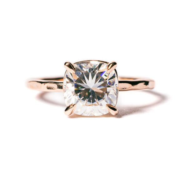 Eva | Cushion Cut Moissanite Engagement Ring Hammered 14k Gold Band - MTD